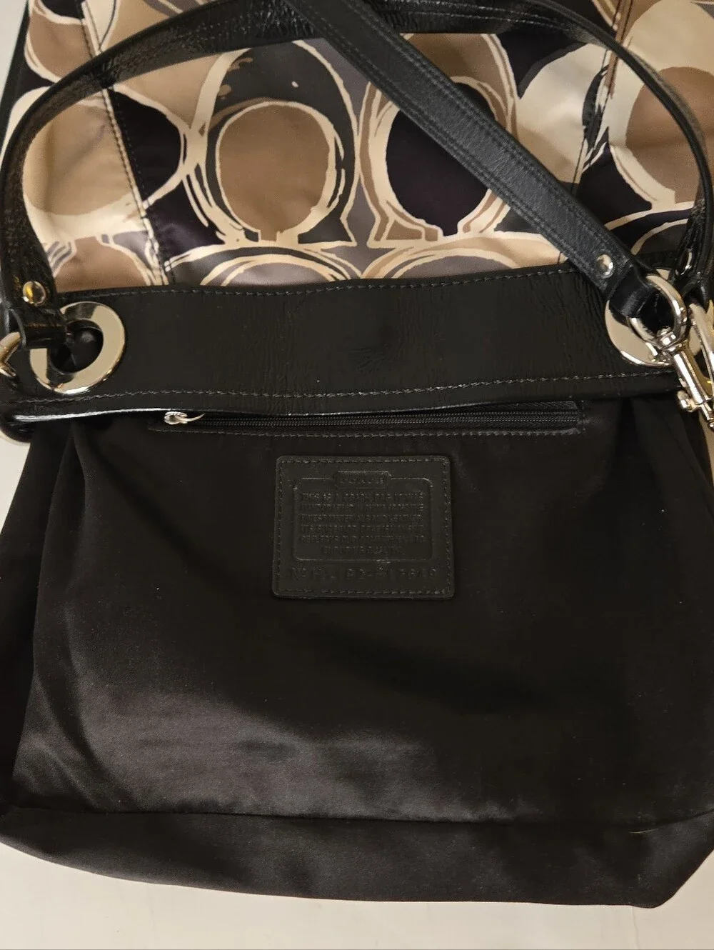 Coach Signature Sateen Ashley Scarf Print Black and Tan Shoulder Bag F17649